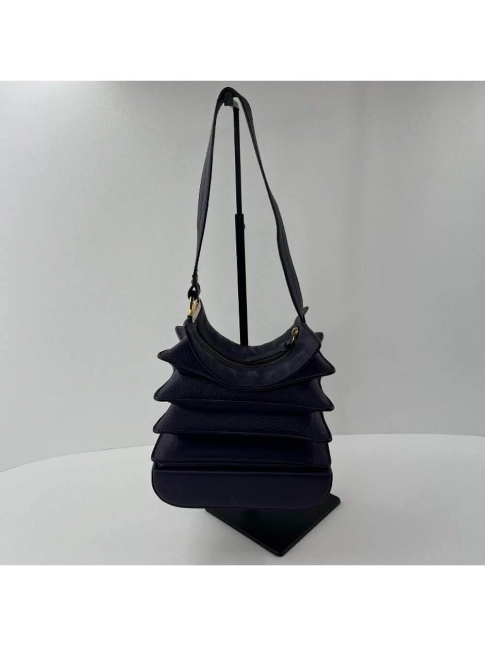 Bodhi Tiered Ruffle Hobo Shoulder Bag Womens Genuine Pebbled Leather Dark Purple